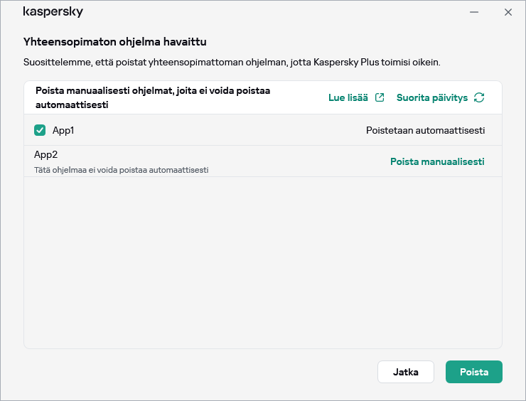 Ikkuna, jossa on luettelo yhteensopimattomista sovelluksista