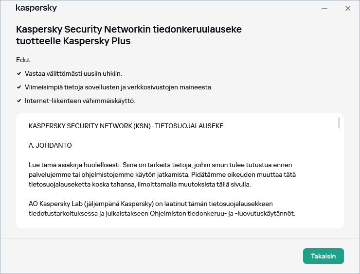 Kaspersky Security Network -lausunnon hyväksymisikkuna