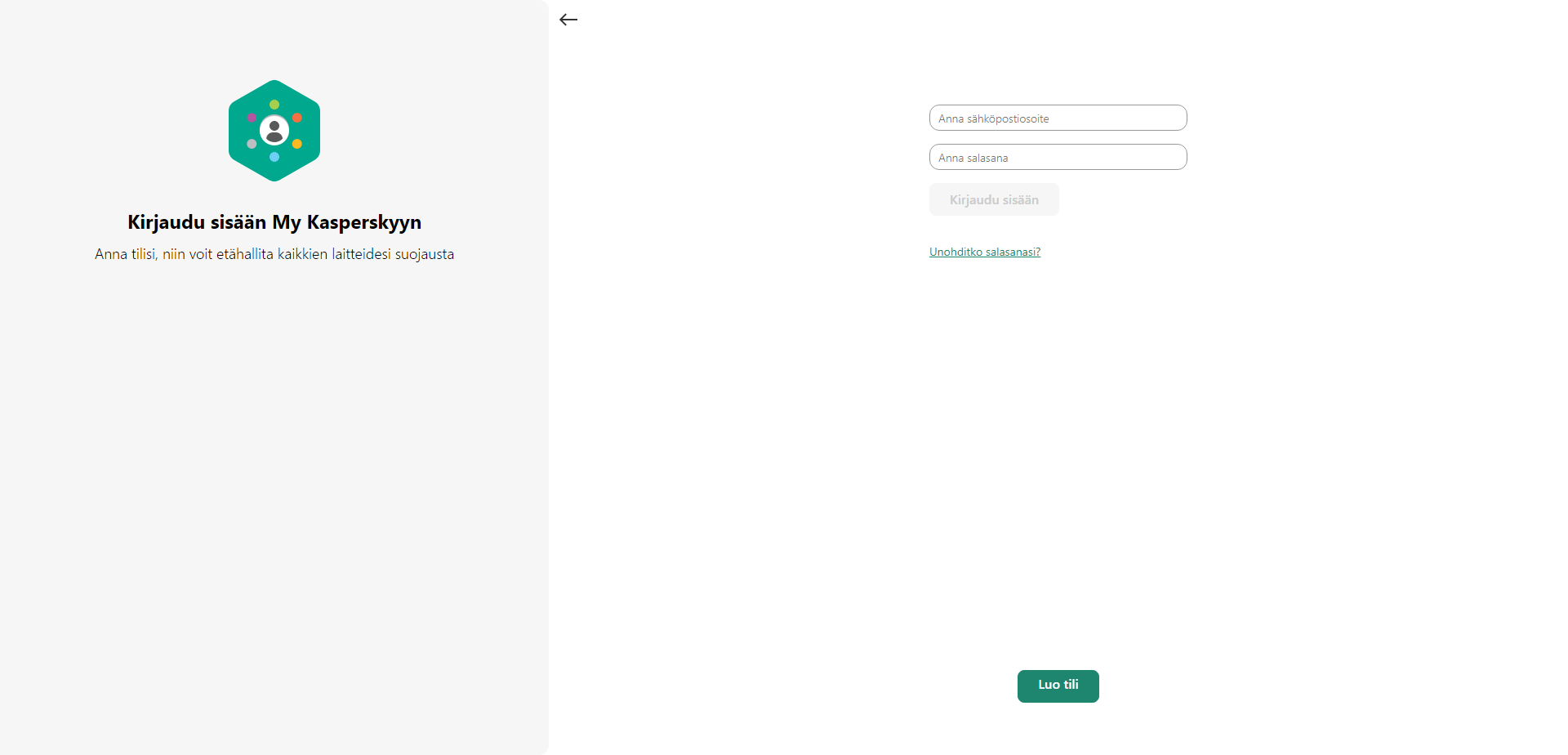 Ikkuna tilille kirjautumiseen asennuslevyltä