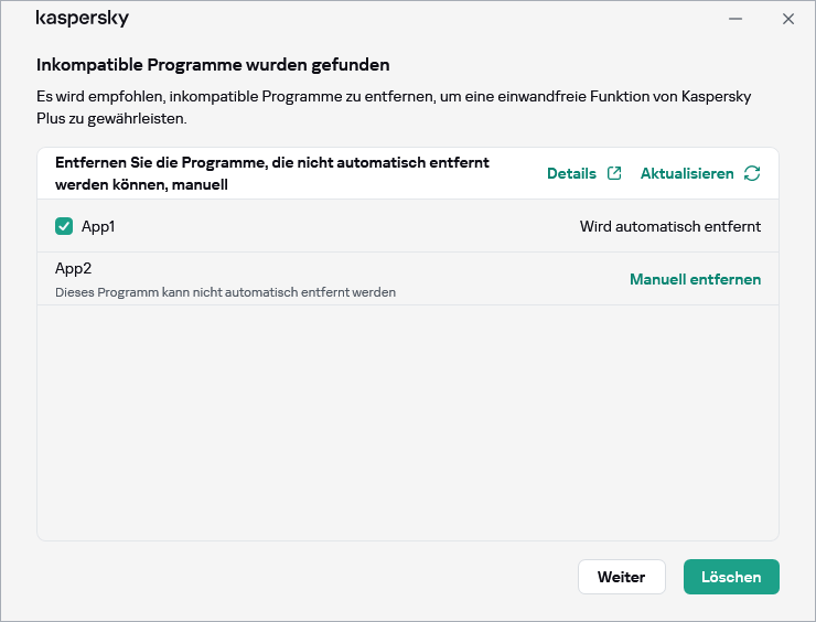 Fenster mit der Liste der inkompatiblen Apps