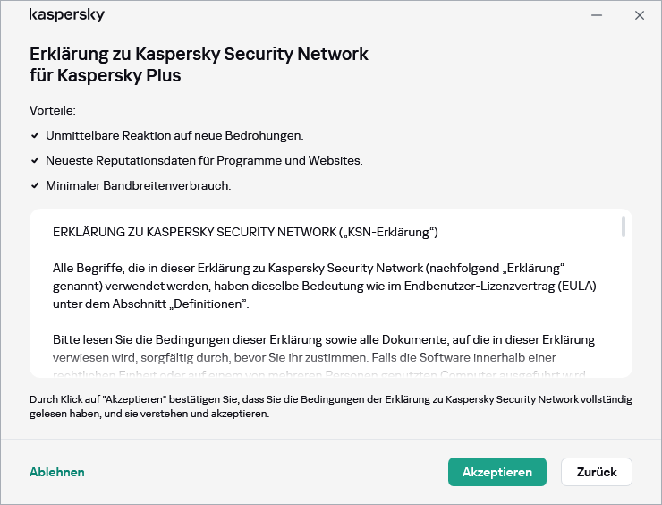 Fenster zum Akzeptieren der DSGVO für die Erklärung zu Kaspersky Security Network