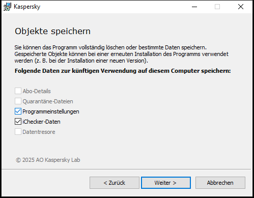 Fenster zum Speichern von Einstellungen bei der Programm-Deinstallation