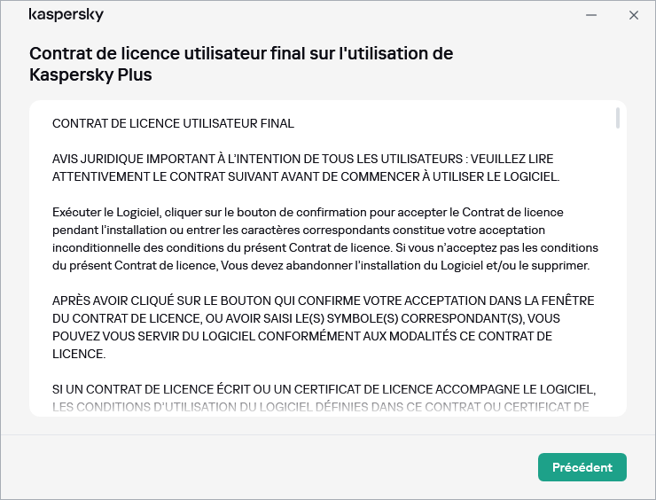 Fenêtre contenant le texte du Contrat de licence utilisateur final