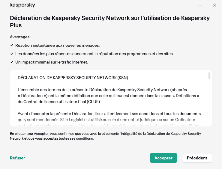 La fenêtre d'acceptation de la Déclaration RGPD de Kaspersky Security Network