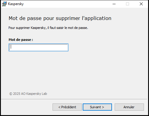 Fenêtre de saisie d'un mot de passe pour désinstaller l'application