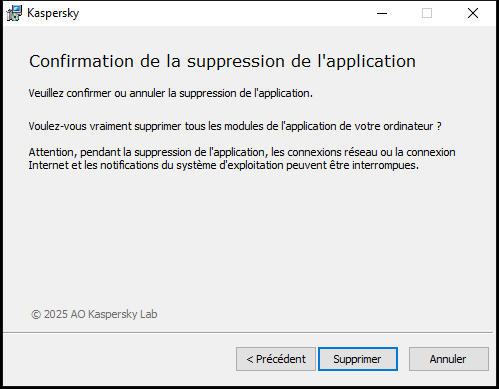 Fenêtre de confirmation de la suppression de l'application