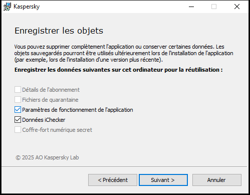 Fenêtre d'enregistrement des paramètres lors de la désinstallation d'une application