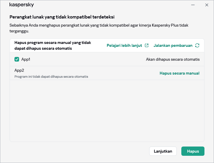 Jendela dengan daftar aplikasi yang tidak kompatibel