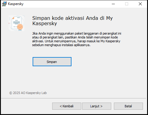 Jendela yang meminta penyimpanan paket langganan di My Kaspersky