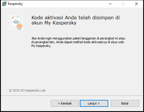 Jendela berisi paket langganan yang berhasil disimpan di akun My Kaspersky