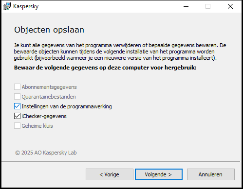 Venster voor het opslaan van instellingen bij het verwijderen van een programma