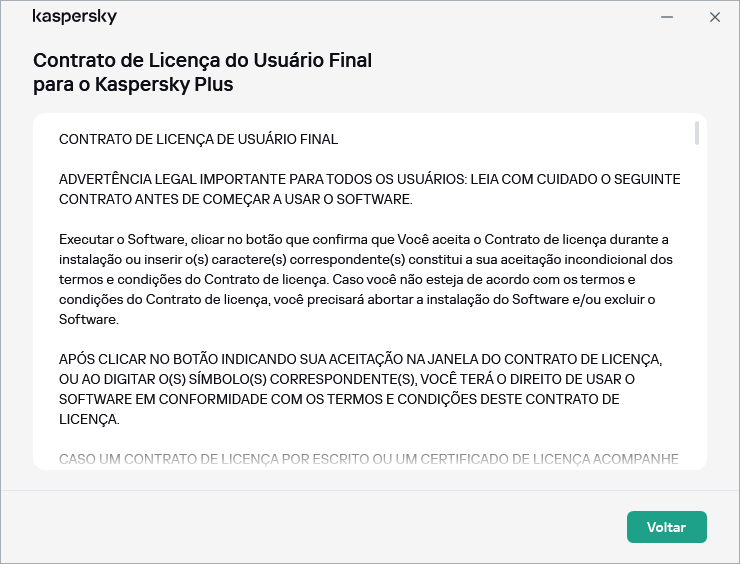 A janela que contém o texto do Contrato de Licença do Usuário Final