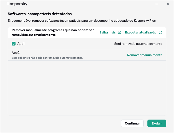 Janela com a lista de aplicativos incompatíveis