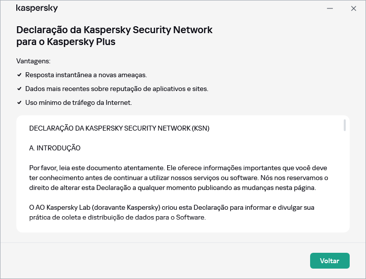 A janela de aceitação da Declaração da Kaspersky Security Network