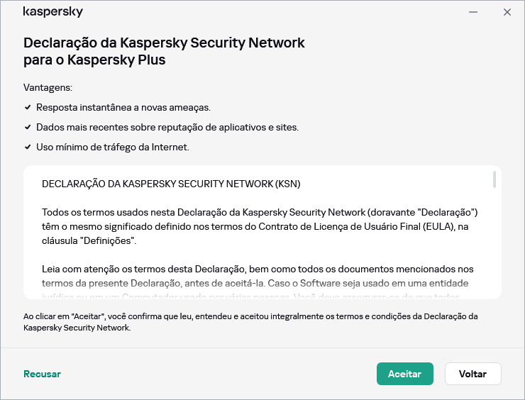 A janela de aceitação da Declaração da Kaspersky Security Network GDPR