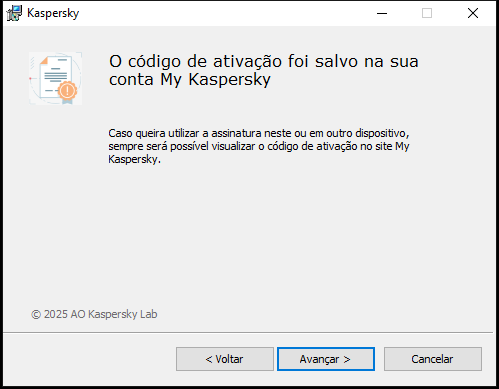 Janela com assinatura salva com sucesso na conta My Kaspersky