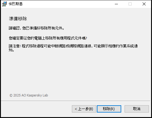 用於確認刪除應用程式的視窗
