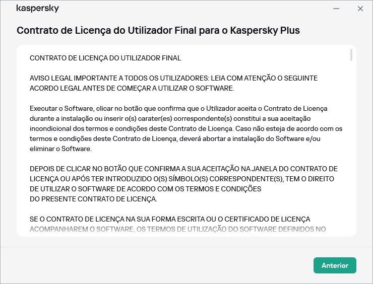 Janela que contém o texto do Contrato de Licença do Utilizador Final