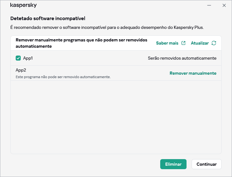 Janela com a lista de aplicações incompatíveis