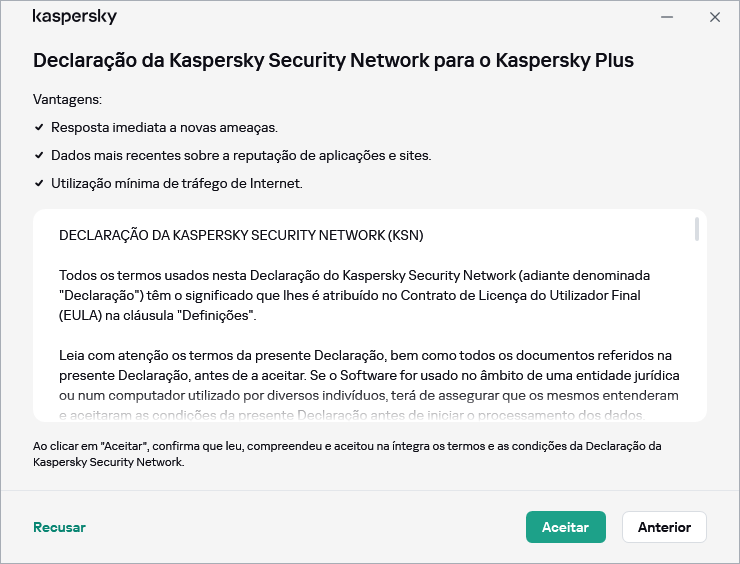 A janela de aceitação da Declaração da Kaspersky Security Network do RGPD