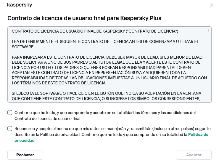 La ventana de aceptación del contrato de licencia del GDPR