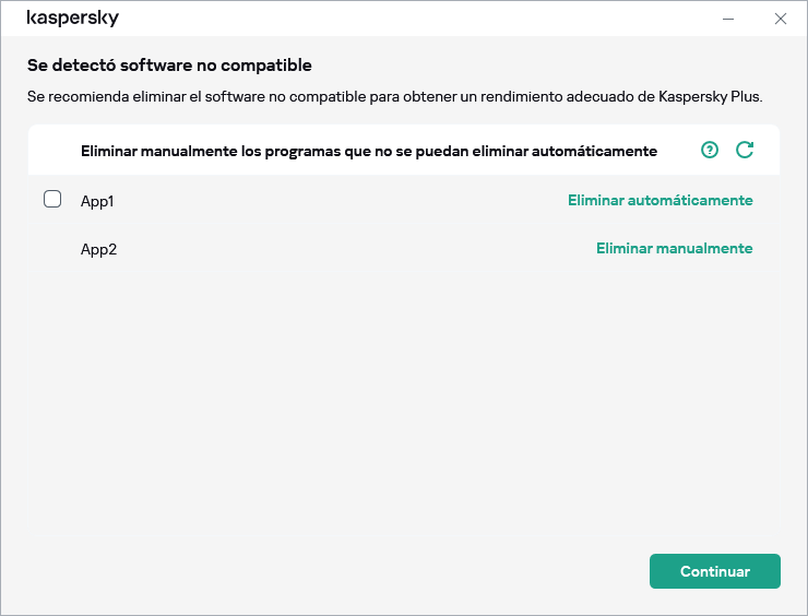 Ventana con la lista de aplicaciones incompatibles