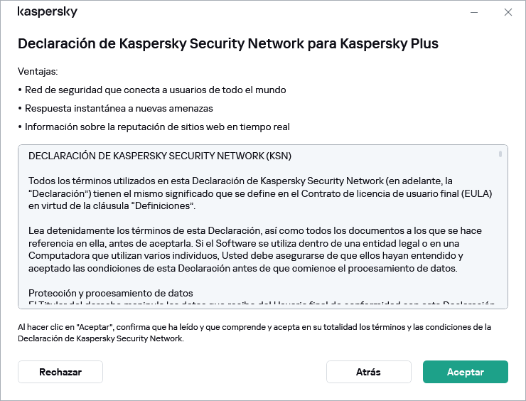 La ventana de aceptación de la Declaración de Kaspersky Security Network de GDPR