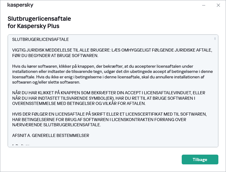 Vindue som indeholder slutbrugerlicensaftalens tekst