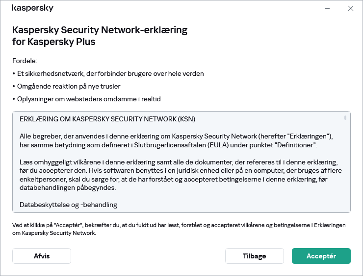 Vinduet til accept af Kaspersky Security Networks GDPR-erklæringen