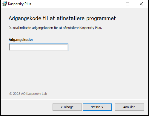 Vindue til indtastning af en adgangskode for at afinstallere programmet