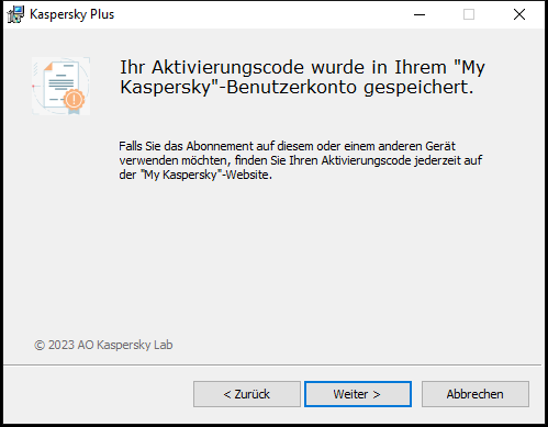 Fenster mit einem Abonnement, das erfolgreich im &bdquo;My Kaspersky&ldquo;-Benutzerkonto gespeichert wurde