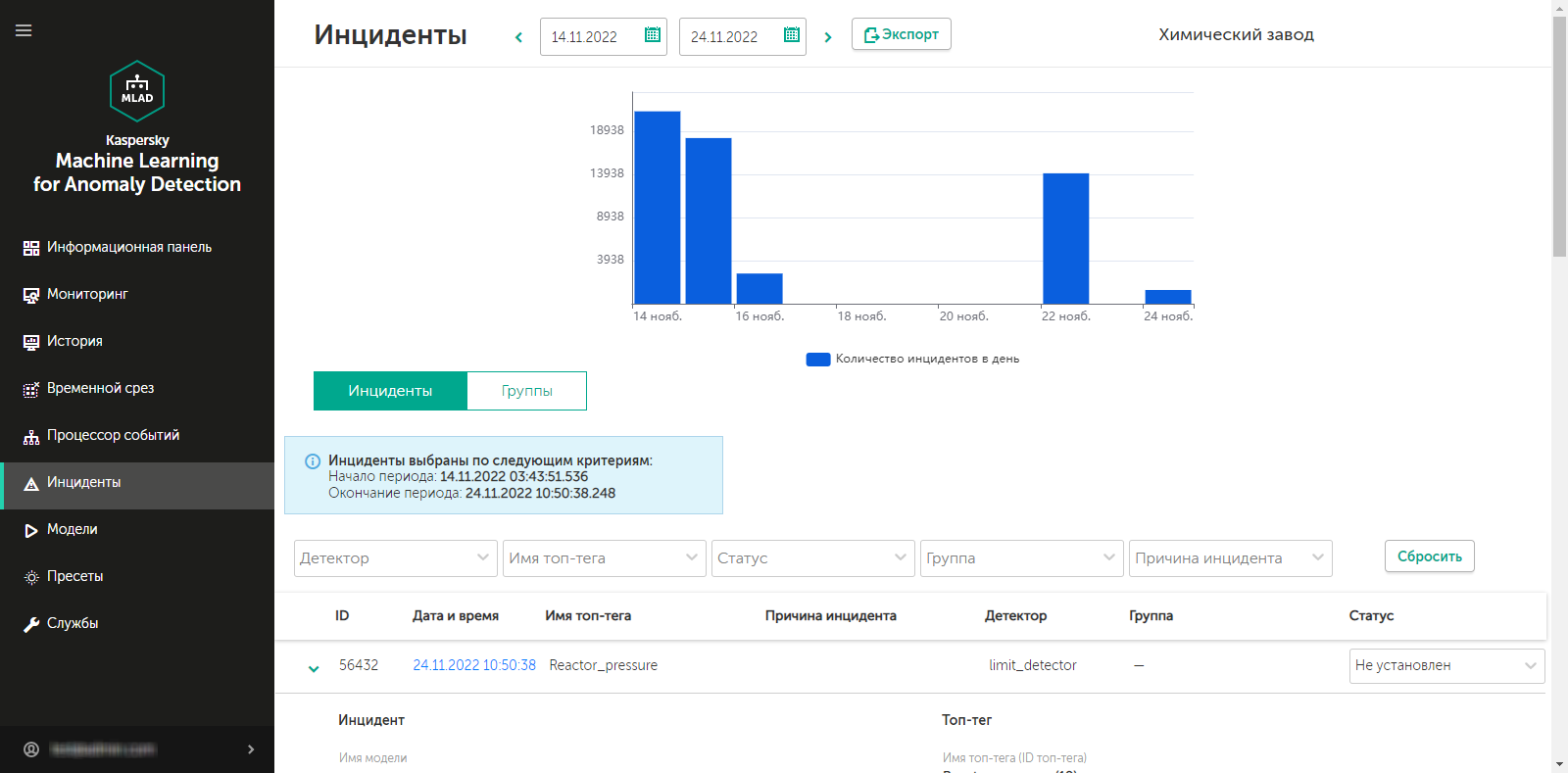 Вкладка Инциденты содержит таблицу с информацией о зарегистрированных инцидентах.