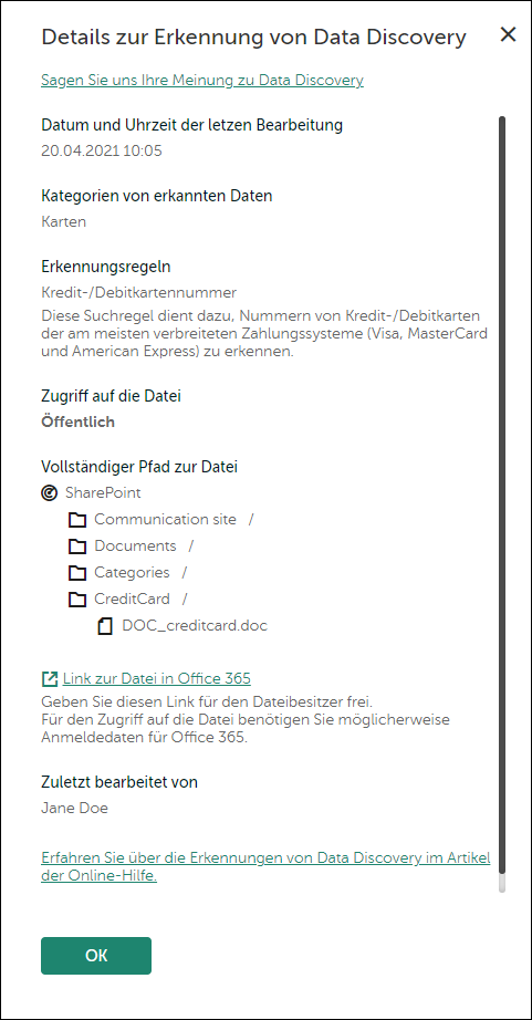 Das Fenster "Informationen zu den Erkennungen von Data Discovery".