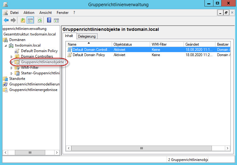 Das Fenster "Verwaltung der Gruppenrichtlinien". Knoten eines Gruppenrichtlinienobjekts.