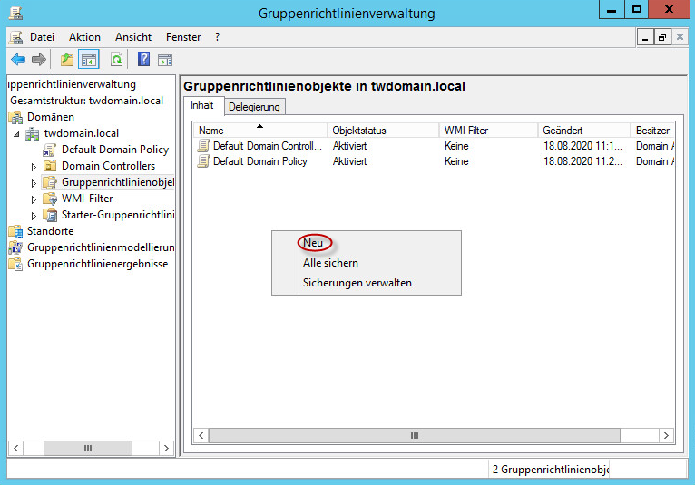 Das Fenster "Verwaltung der Gruppenrichtlinien". Kontextmenüpunkt "Neu".