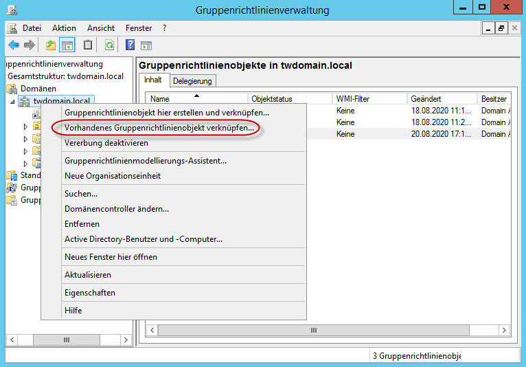 Das Fenster "Verwaltung der Gruppenrichtlinien". Kontextmenüelement "Vorhandenes Gruppenrichtlinienobjekt verknüpfen".