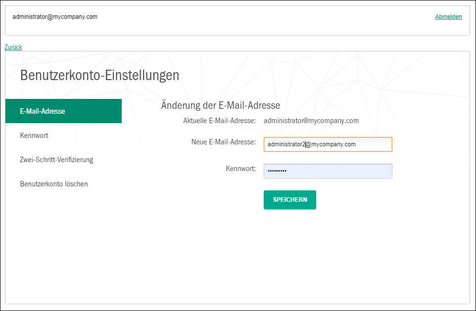 Das Fenster "Benutzerkonto-Einstellungen". Die Registerkarte "E-Mail-Adresse".