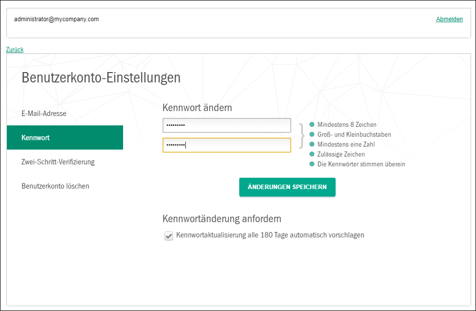 Das Fenster "Benutzerkonto-Einstellungen". Die Registerkarte "Kennwort".