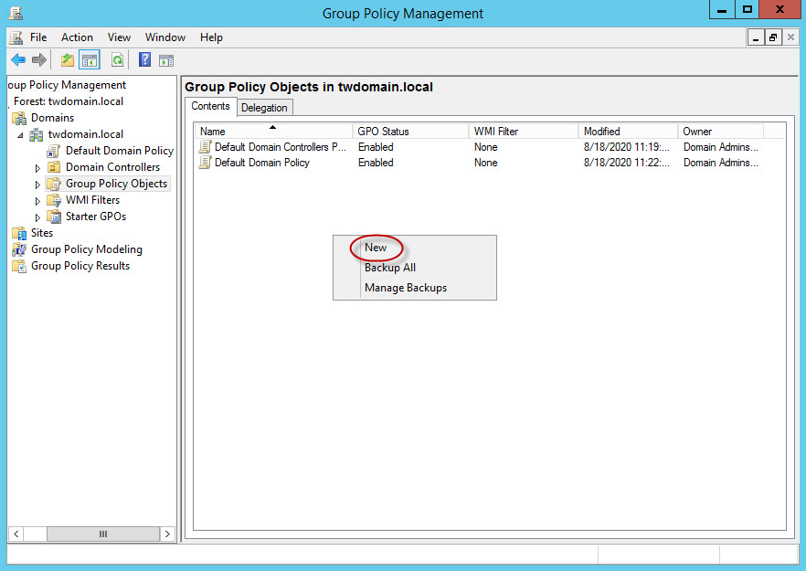 Group Policy Management window. New context menu item.