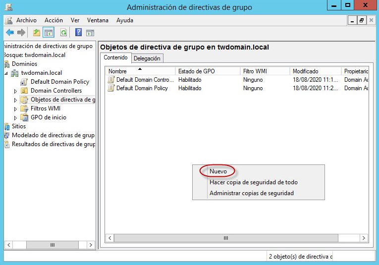 Ventana Administración de directivas de grupo. Nuevo elemento del menú contextual.