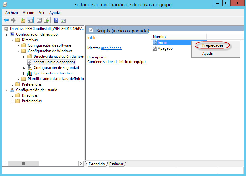 Ventana Administración de directivas de grupo. Inicio → Elemento Propiedades del menú contextual.