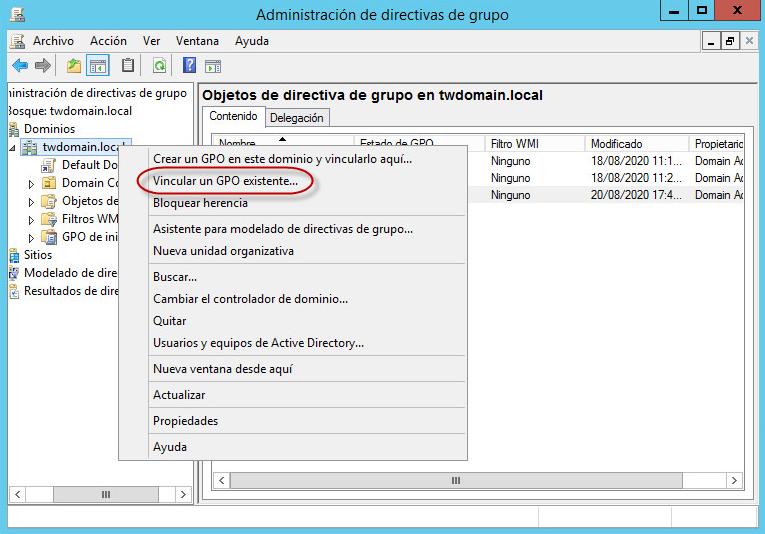 Ventana Administración de directivas de grupo. Elemento del menú contextual Vincular a una GPO existente.