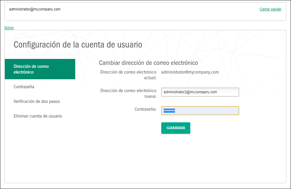 Ventana Configuración de la cuenta de usuario. Pestaña Dirección de correo electrónico