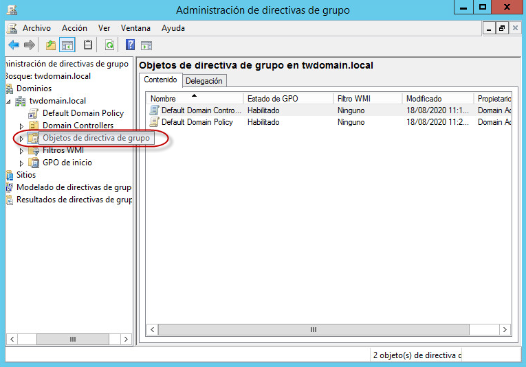 Ventana Administración de directivas de grupo. Nodo Objetos de directiva de grupo.