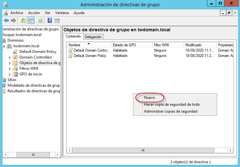 Ventana Administración de directivas de grupo. Nuevo elemento del menú contextual.