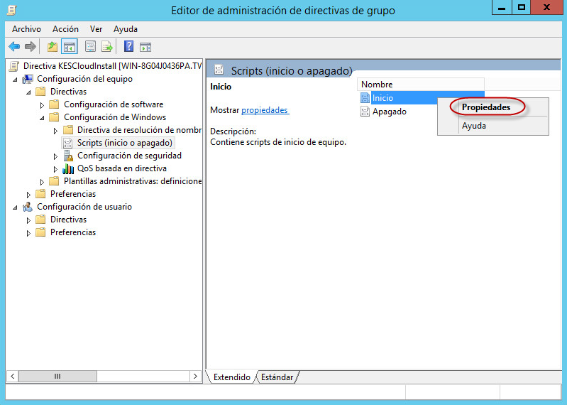 Ventana Administración de directivas de grupo. Inicio → Elemento del menú contextual Propiedades.