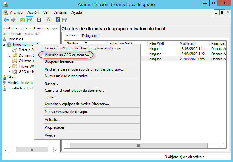 Ventana Administración de directivas de grupo. Elemento del menú contextual Vincular a una GPO existente.