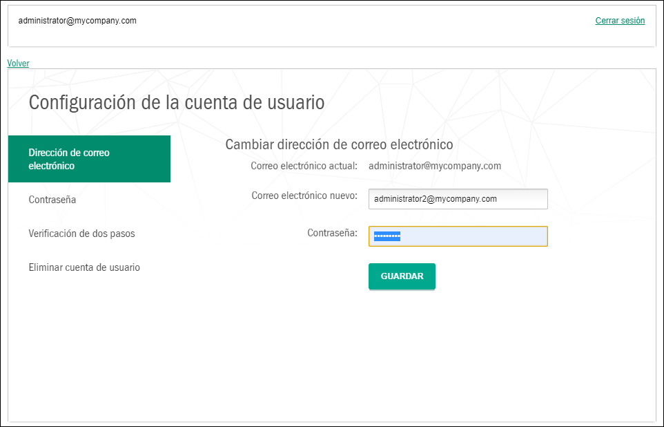 Ventana Configuración de la cuenta de usuario. Pestaña Dirección de correo electrónico