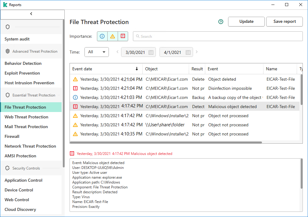 Ventana Protección contra archivos peligrosos de Kaspersky Endpoint Security para Windows.