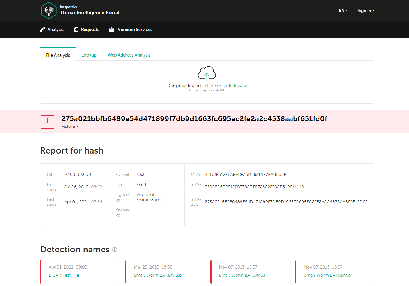 Ventana Kaspersky Threat Intelligence Portal.